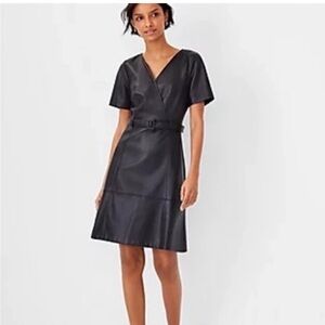 NWT Ann Taylor Dress PETITE Faux Leather Wrap Dress with Belt Flare Cap Cinch